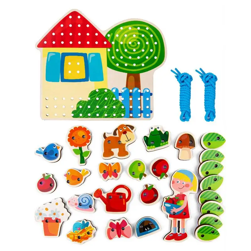 

Lacing Cards For Kids Ages 3-5 Wooden Garden Threading Cards Educational STEM Toy Imagination Development Montessori Fine Motor