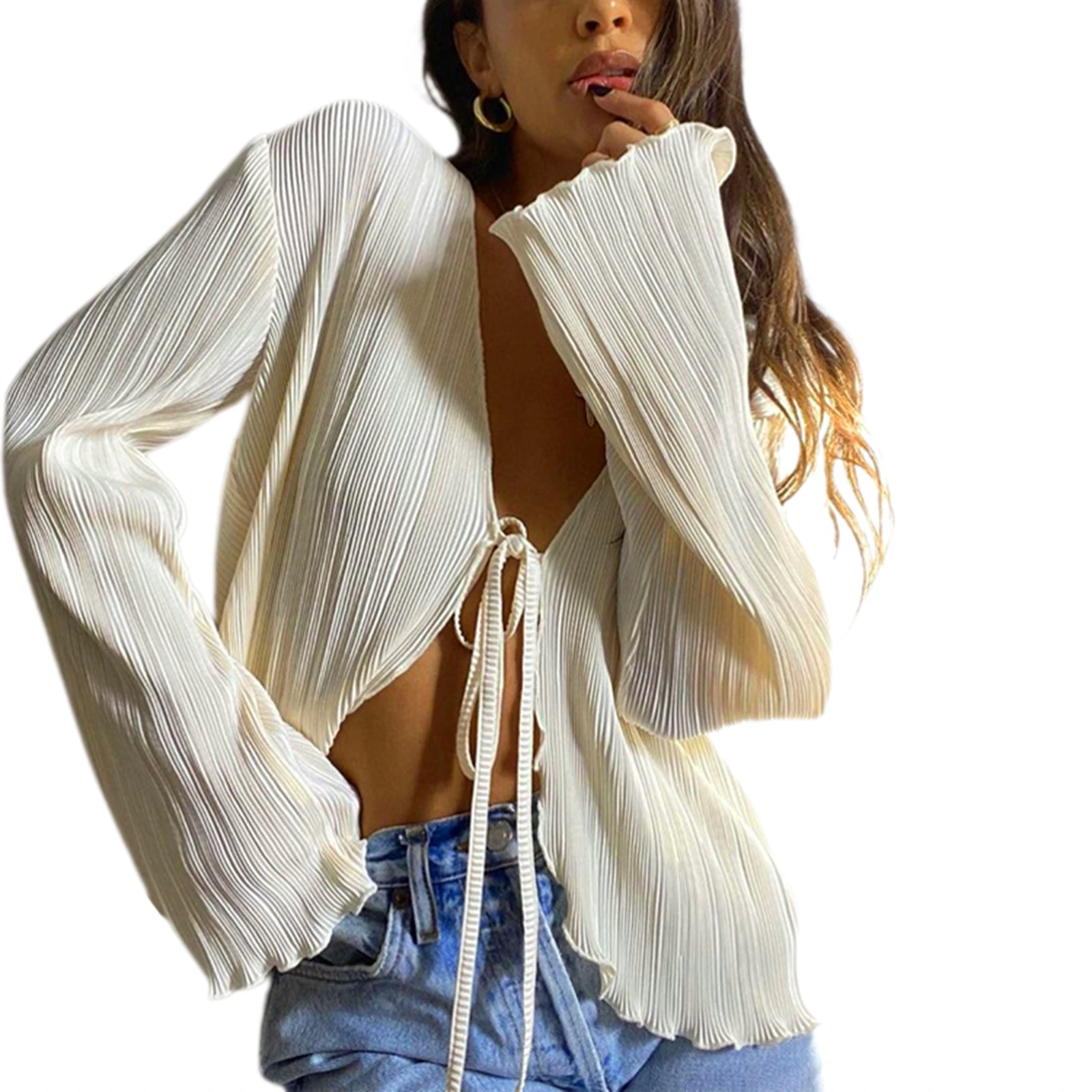 

Kayotuas Woomen All Season Streetwear Shirt Long Flare Sleeve Lacing Solid V-Neck Slim Fit Open Stitch Summer Ladies Tops