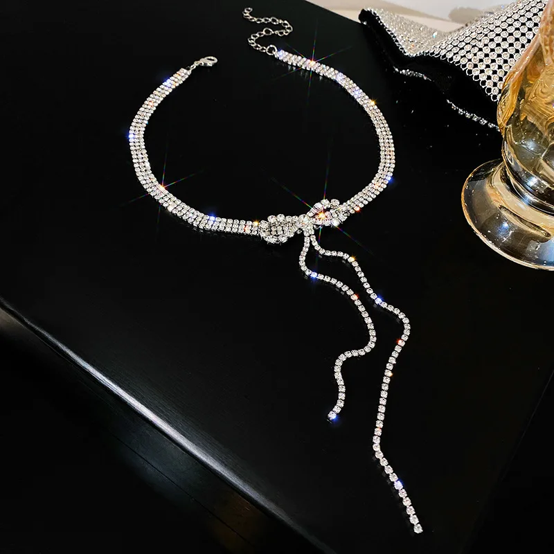 

New Luxury Bowknot Crystal Choker Necklaces for Women Long Tassel Rhinestone Chain Necklaces Weddings Jewelry Party Gifts
