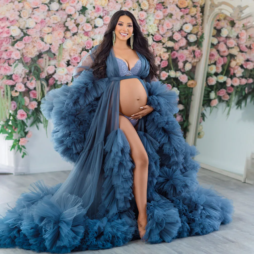 Customized Extra Ruffles Maternity Robes for Photo Shoot A Line Floor Length Pregnant Women Dresses Front Split BabyShower Gowns