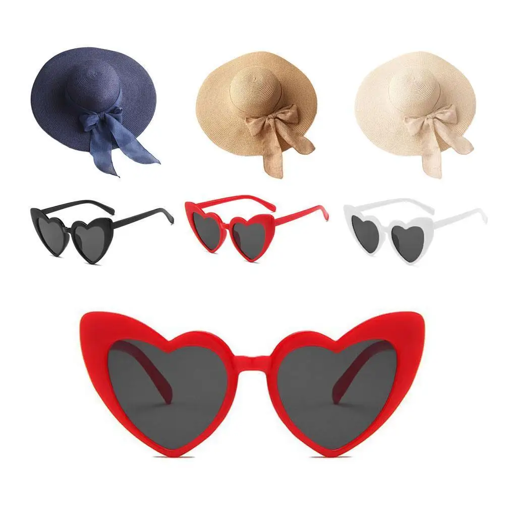 

Женская Соломенная Солнцезащитная шляпа с широкими полями и солнцезащитными очками в форме сердца