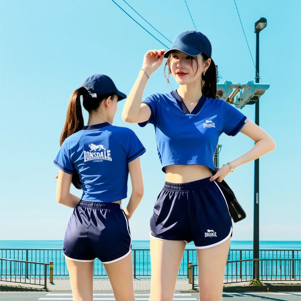 Фото Летний комплект LONSDALE, новые тонкие женские футболки с коротким рукавом, модный комплект, повседневная спортивная одежда, шорты, комплект из двух предметов №3