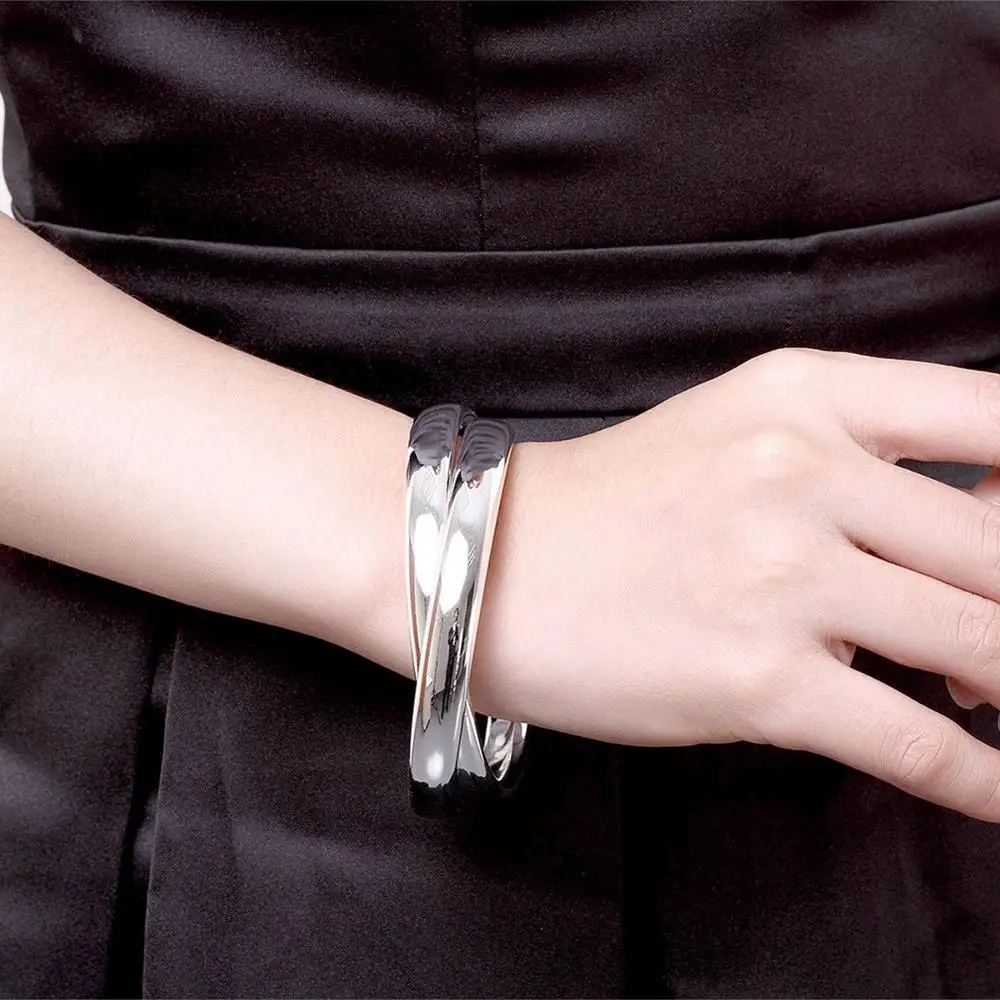 

925 Sterling Silver Bracelet Two Smooth Circles Bangle Trendy Women Jewelry Gift