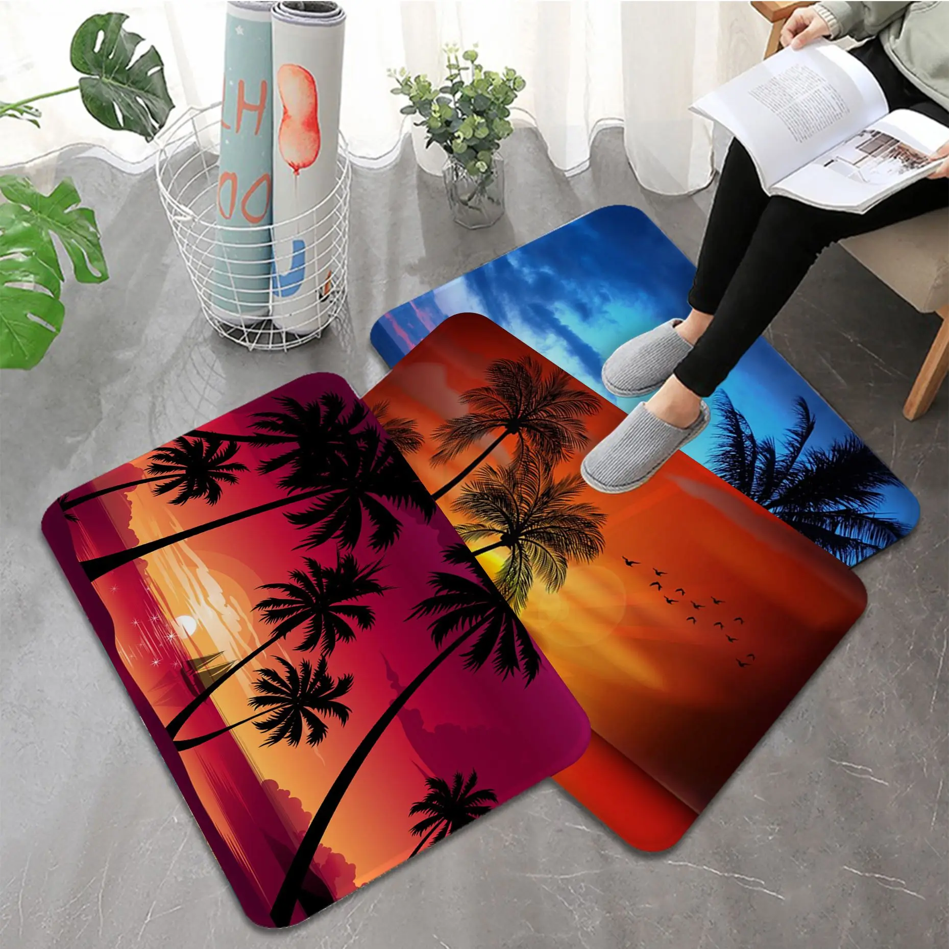 

Beach sunset palms Printed Flannel Floor Mat Bathroom Decor Carpet Non-Slip For Living Room Kitchen welcome Doormat