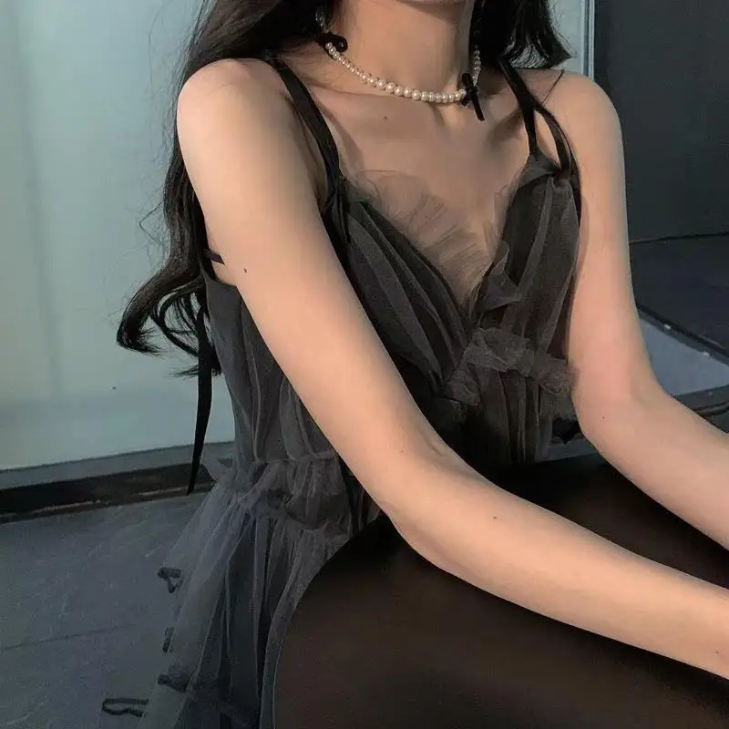 

V Neck Mesh Patchwork Lace Dresses Women Black Mini Sexy Summer Slim Waist Camis Dress Y2k Sweet Vestido Feminino A-line