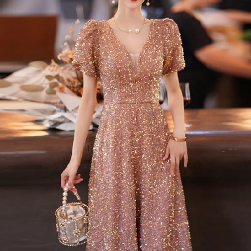 

French Style Temperament Evening Dresses V-neck Slim Waist Prom Dress Sequins Elegant 2023 Summer Simple Wedding Vestidos Women