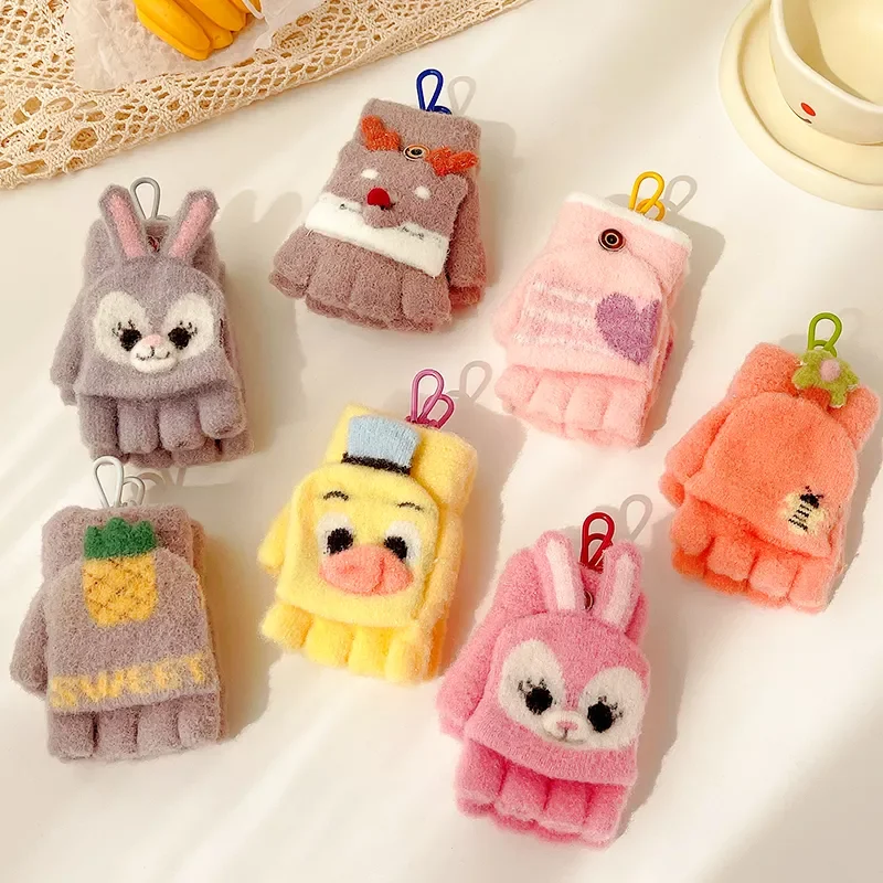 

Autumn Winter Baby Cute Cartoon Flower Gloves Thicken Warm Boy Girl Five-finger Flip Cute Half-finger Children Warm Finger Cots