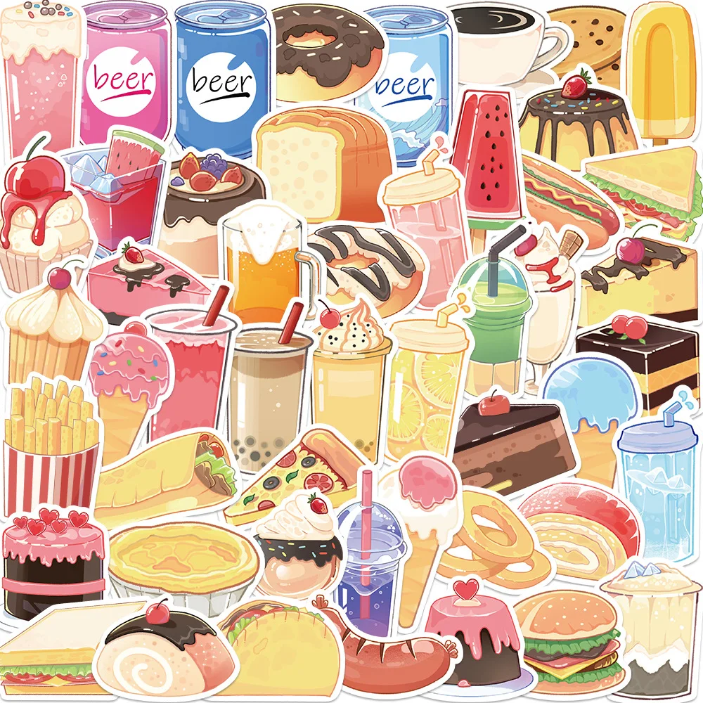 

50pcs Hand-painted Food and Drink Cartoon Cute Graffiti DIY Trolley Case Notebook Water Cup Waterproof No Glue Sticker Toy Gift