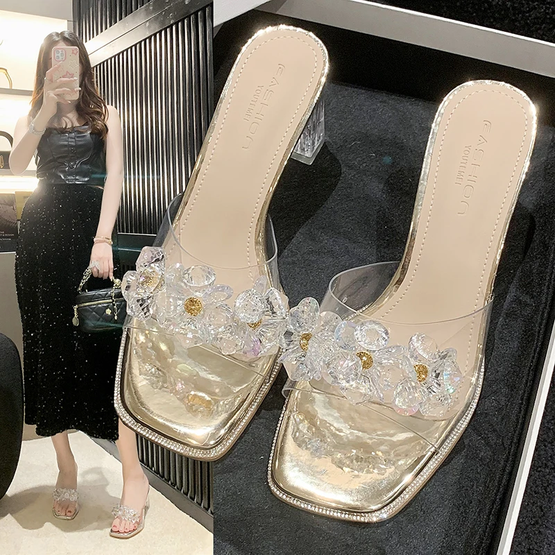 

Женские мюли на высоком каблуке 7 см, летние сандалии золушки, прозрачные шлепанцы с кристаллами и стразами, обувь из пвх на прозрачном каблуке, 2023