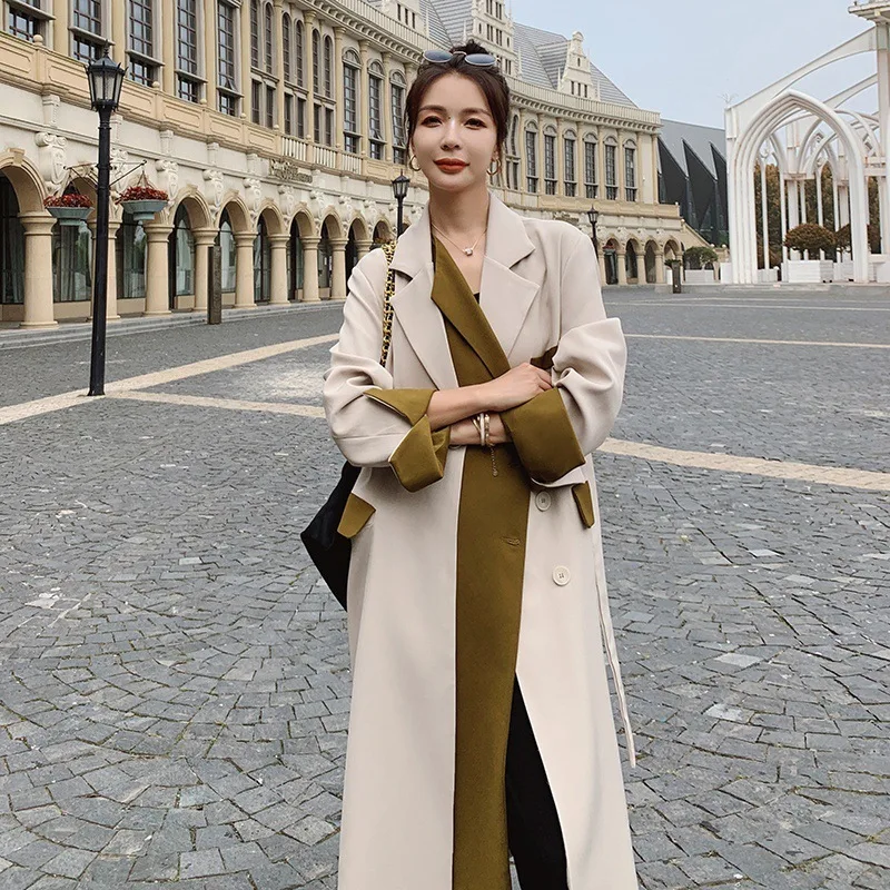 

Women's Windbreakers With Belted 2022 Spring Fall Temperament Suit Collar Trench Coat Office Lady Long Single-breasted Overcoat