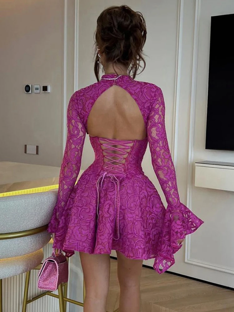 

Sunny Luxury Prom Womens Gown Lace Sexy Backless Bandage Dresses Perspective Sleeve Bow Lace Up Evening Dress for Women Party