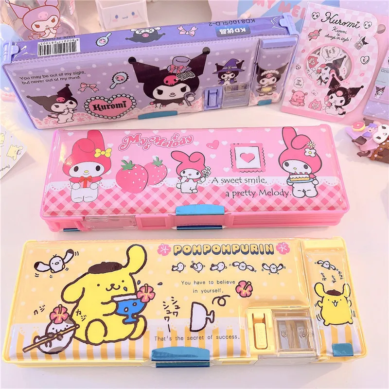 Kawaii Sanrioed Hello Kitty Pencil Case Melody Kuromi Purin Double Layer Stationery Box with Sharpener Student School Supplies