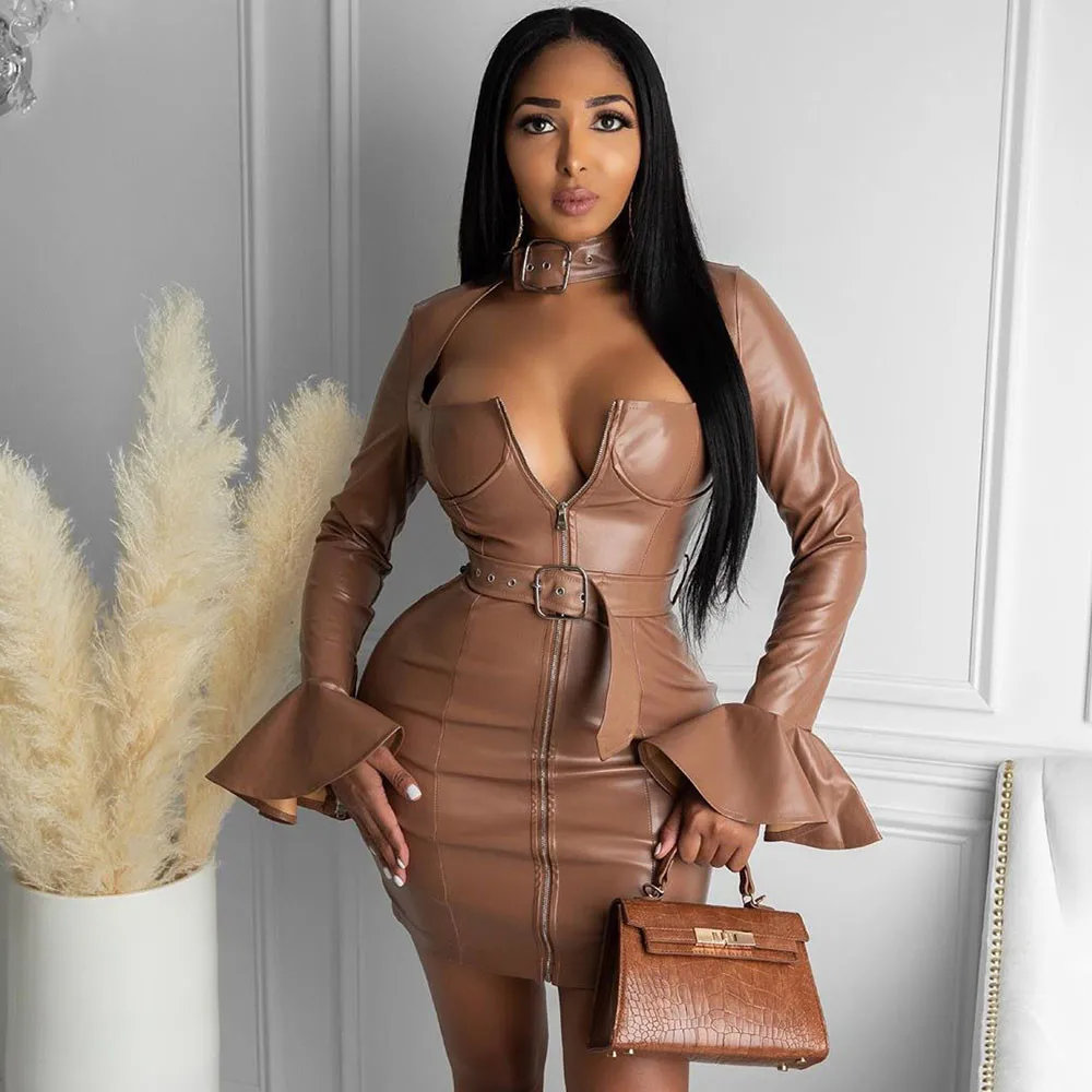 

Sexy PU Faux Leather Dress with Belt Women Elegant Long Flare Sleeve Zipper Bodycon Night Short Party Mini Club Dresses Vestidos