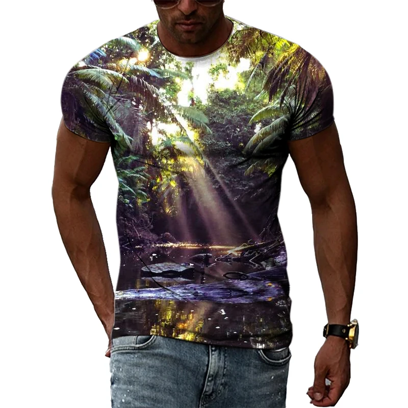 

New Tide Summer Fashion Jungle Picture Casual Print Tees Hip Hop Personality Round Neck Short Sleev Tops
