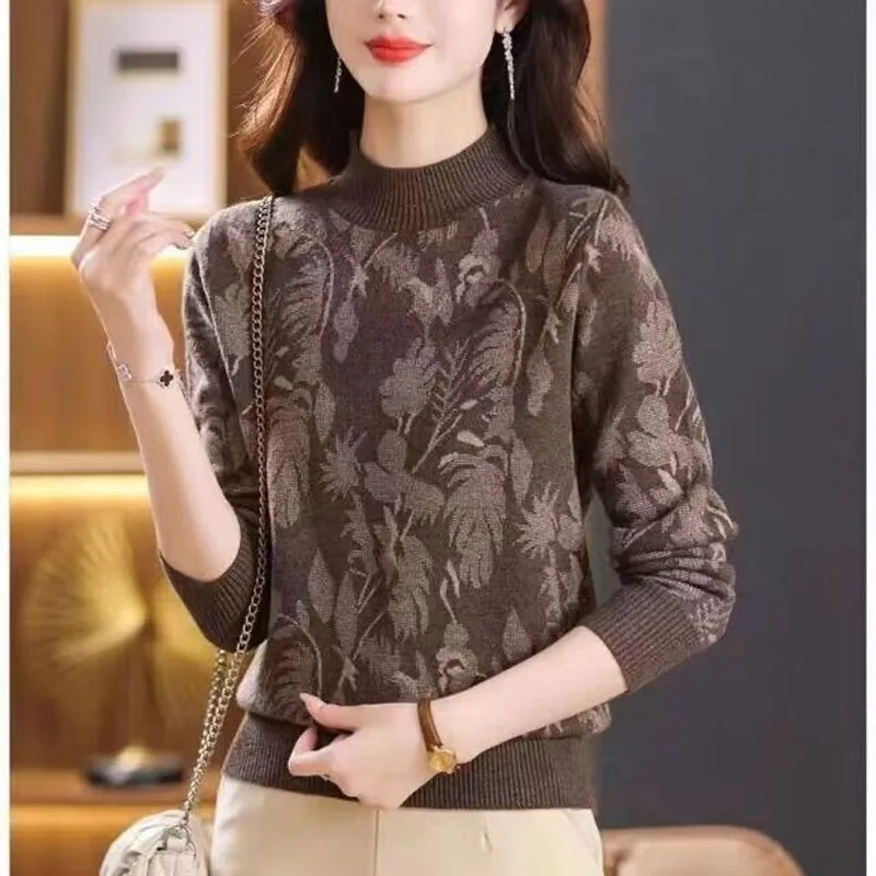 

New Autumn/Winter Fashion Trend Half High Collar Jacquard Loose Versatile Commuter Middle Aged Mom Long Sleeve Knitted Sweater