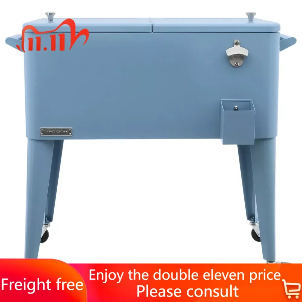 

Freight Free Beach Cooler 80-Qt Classic Outdoor Steel Patio Cooler on Wheels Blue Thermal Coolers for Beer Beverage Rolling Cart