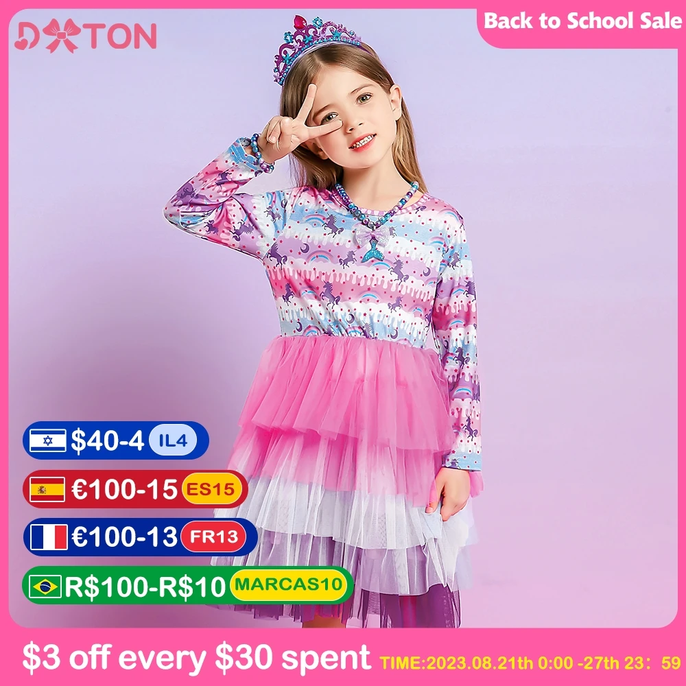 

DXTON Girls Princess Dress Kids Ball Gown Birthday Party Cute Elegant Dress Girls Unicorn Print Cartoon Long Sleeve Dresses