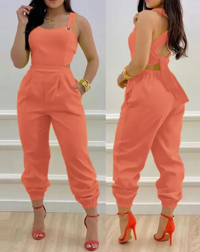 

Women's Fashion Sexy Bodysuit 2023 Summer New arrival Hot Sale Backless Criss Cross Cuffed V-Neck Thick Strap Zipper Jumpsuit