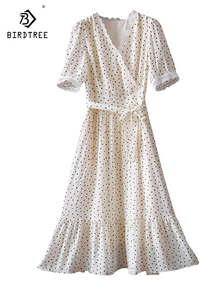 Birdtree 100%Mulberry Silk White Dress Women's Wear Medium Length Temperament Waist Closed Skirt 2023 Summer New Style D37479QC