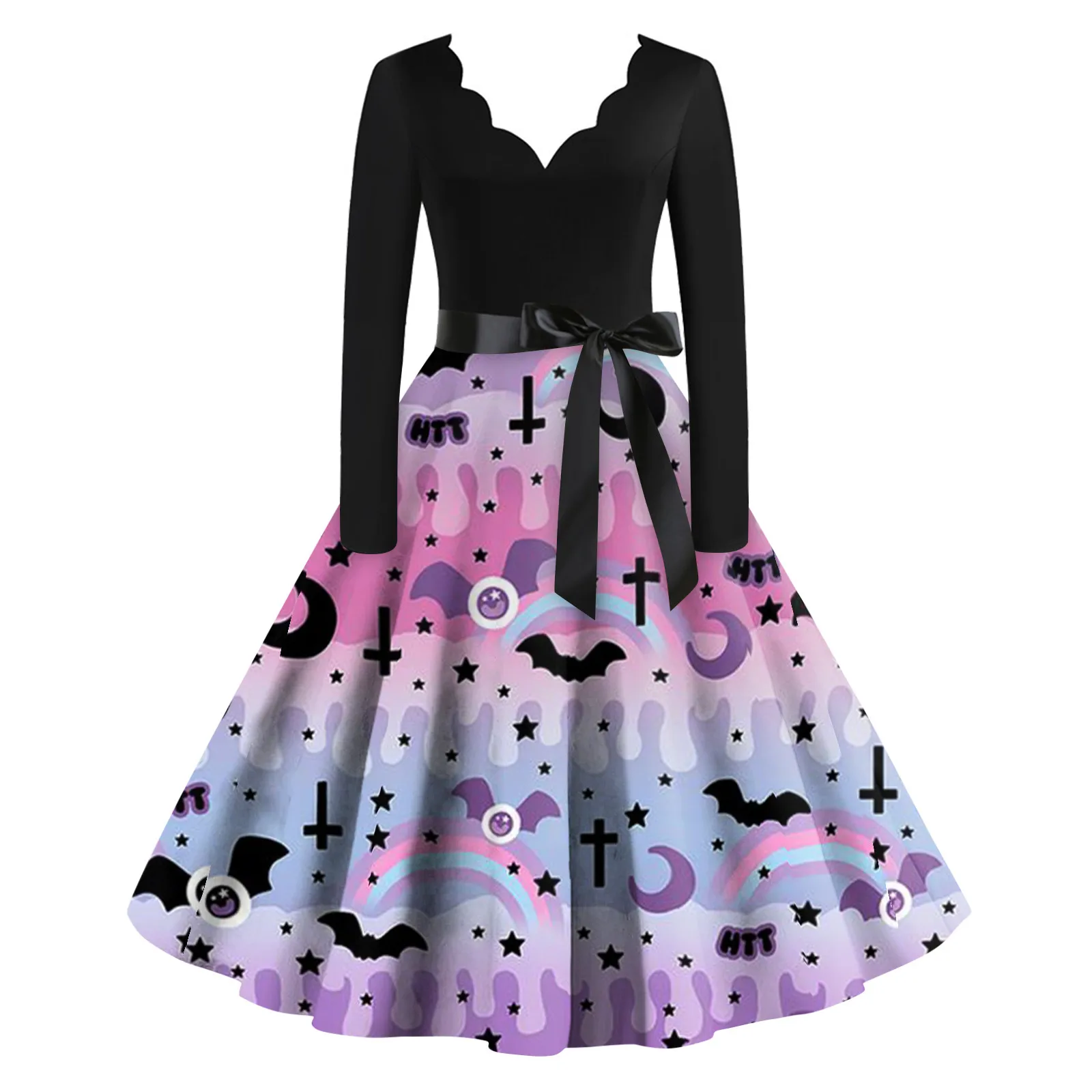 

Женское винтажное классическое платье с бантом на талии и V-образным вырезом