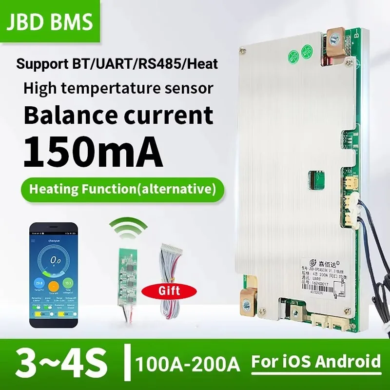 Фото Плата Smart BMS JBD SP04S034 для LiFePO4 3S 4S 12В 100А 120А 150А 200А с Bluetooth, UART и функцией контроля температуры и подогрева №2