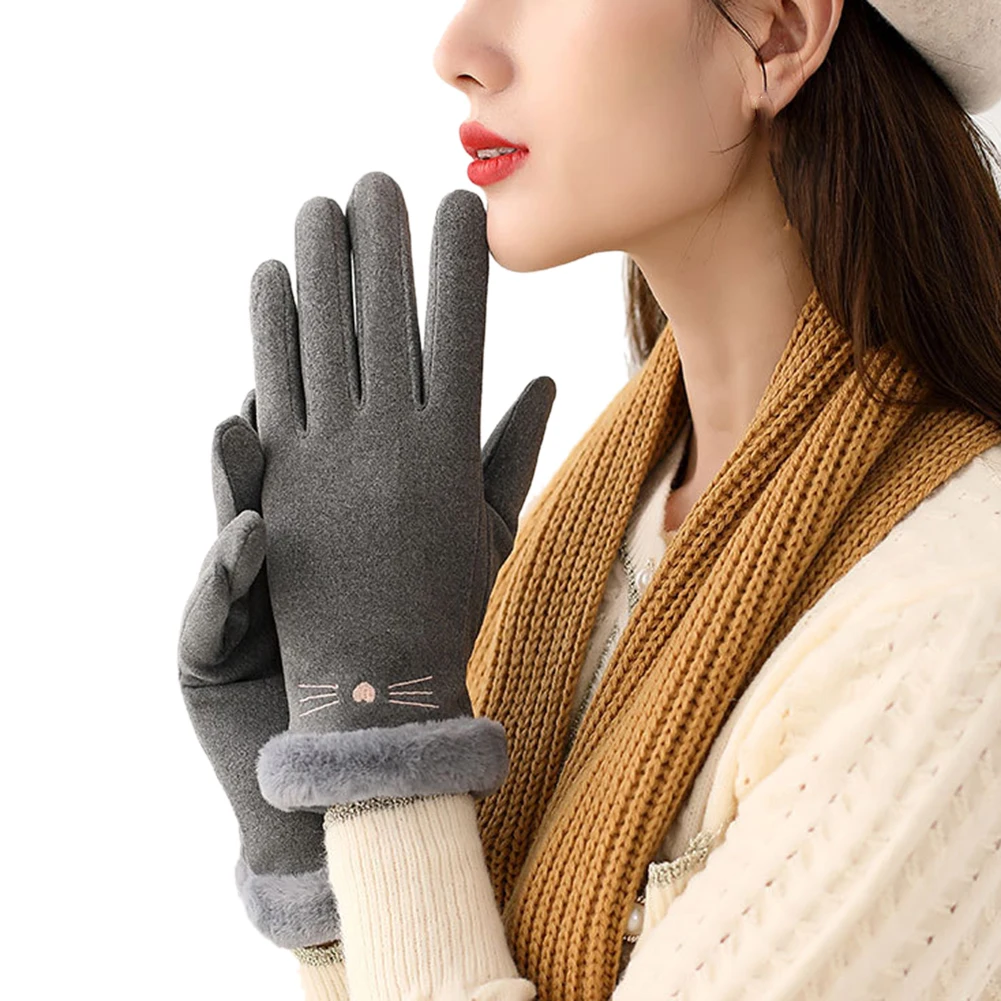 Модные женские зимние перчатки с помпоном, теплые женские ветрозащитные перчатки из полиэстера для сенсорного экрана, милые уличные варежк...
