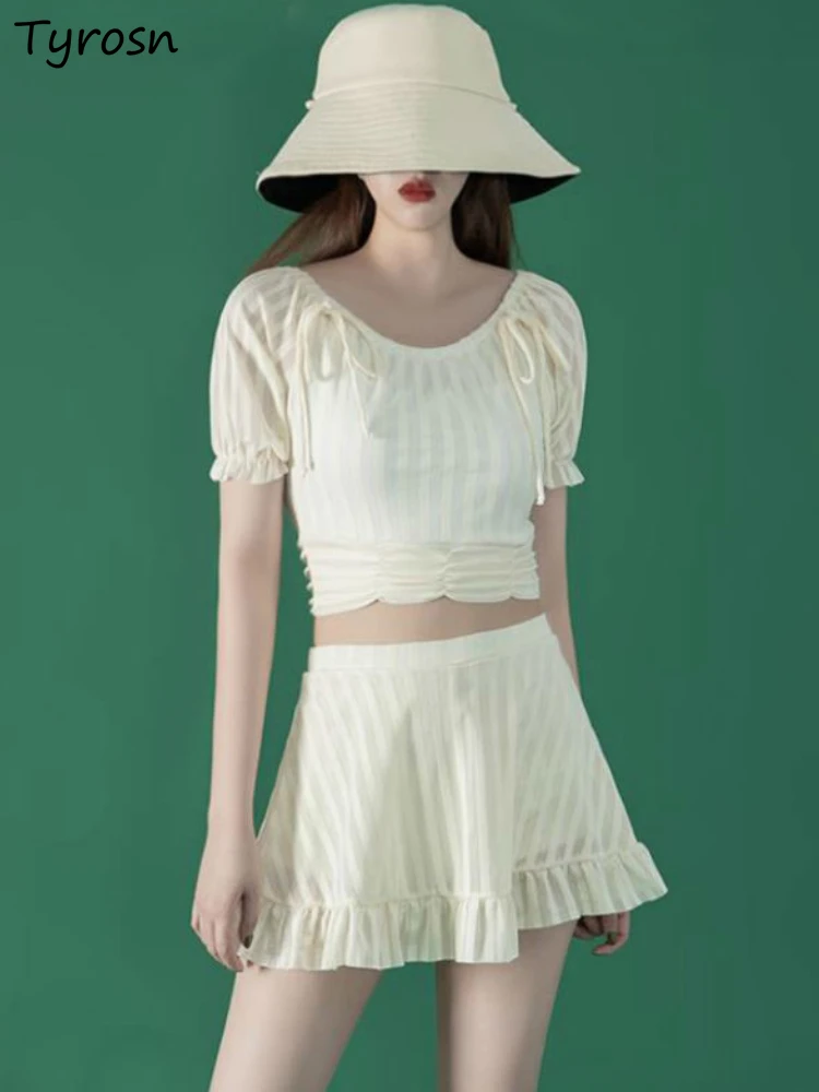 

Pure Bikini Set Women Ruffles 2 Pcs Fashion Ins Korean Style Students Design Fit Puff Sleeve Cozy Sweet Retro Basic Summer Beach
