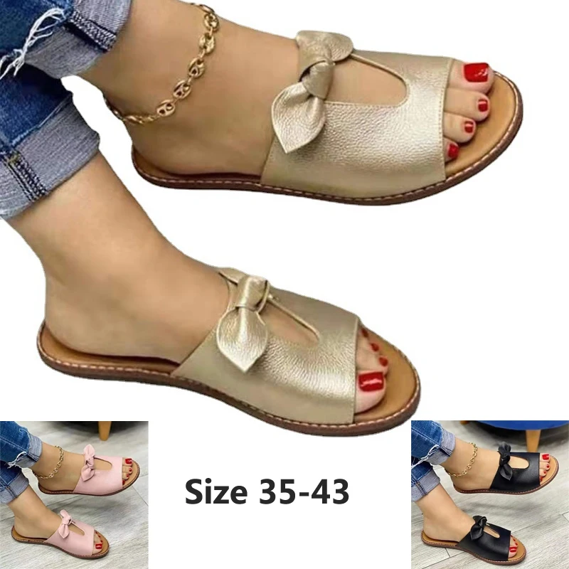 Женские сандалии с бантом плоская подошва открытый носок летняя обувь большие