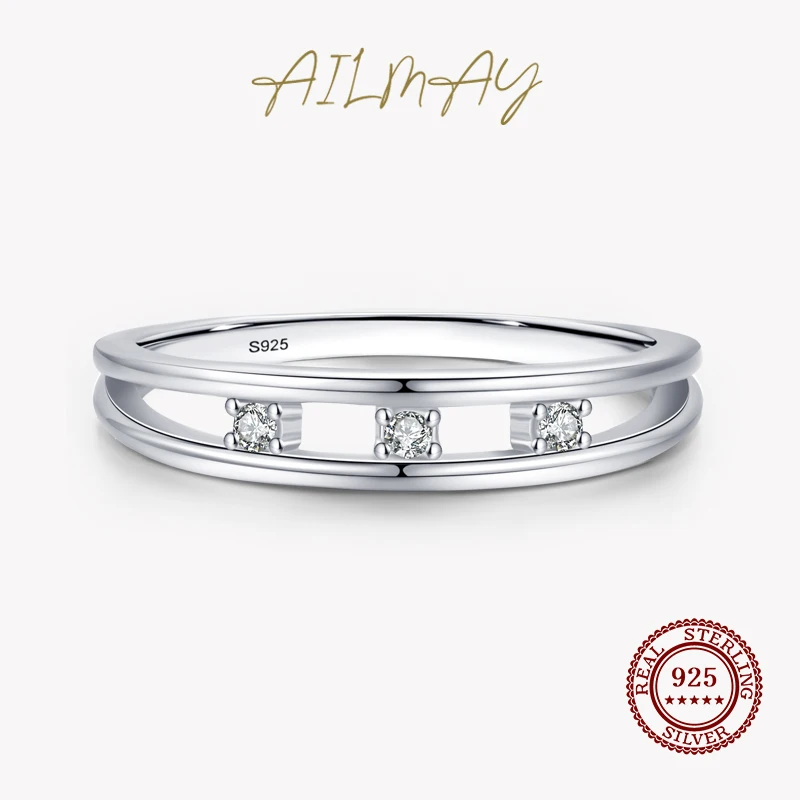 

Ailmay 925 Sterling Silver Simple Double Layer Finger Ring for Women Brilliant CZ Geometric Rings Fine Trendy Jewelry Gift