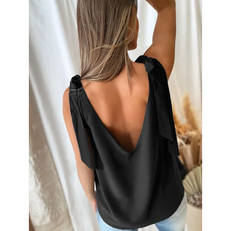 Женская шелковая блузка без рукавов с V-образным вырезом и открытой спиной