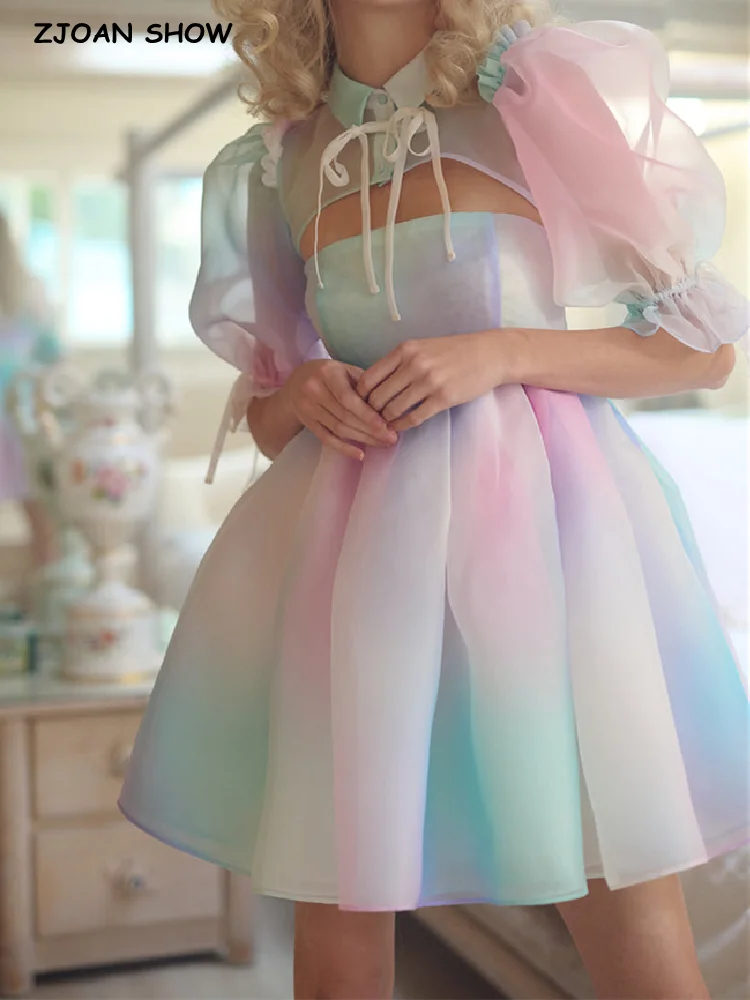 

Princess Gradient Color Rainbow Print Organza Dress Bow Bandage Rope Half Puff Sleeve Lapel Crop Top Ball Gown Mini Fairy Robe