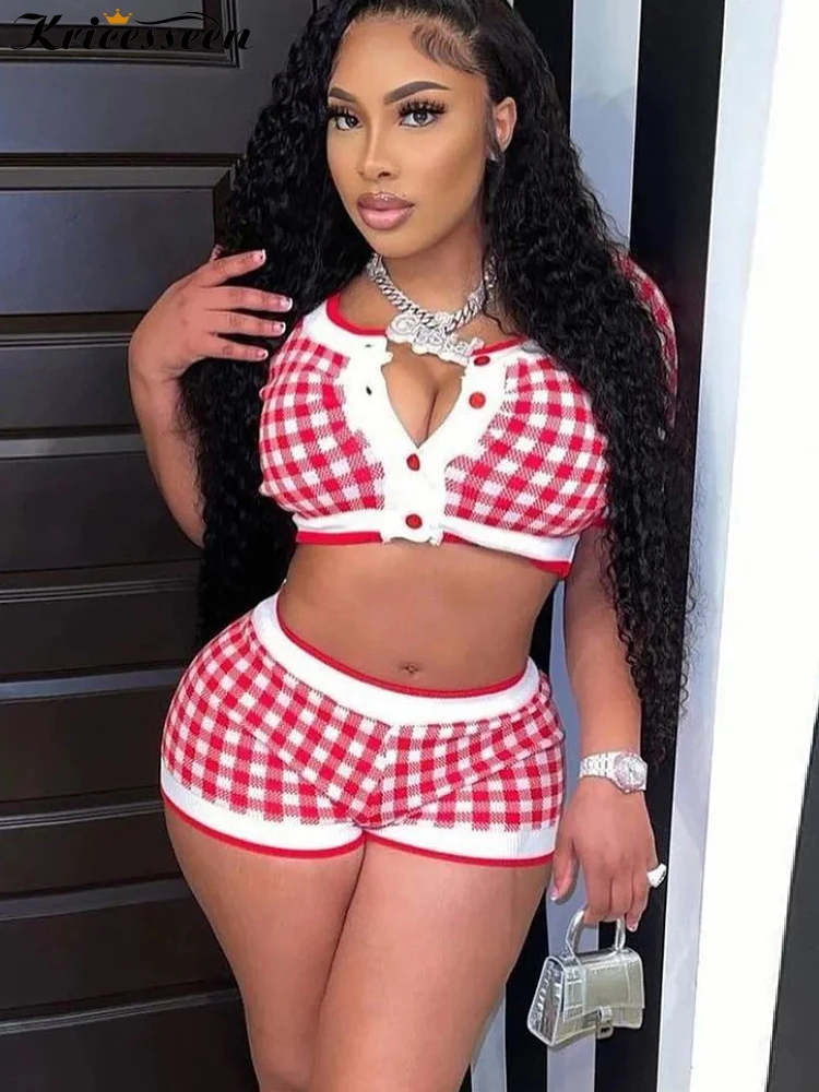 

Kricesseen Sexy Print Plaid Two Pieces Shorts Set Women Summer Buttons Top And Shorts Tracksuit Clubwear Matching Set