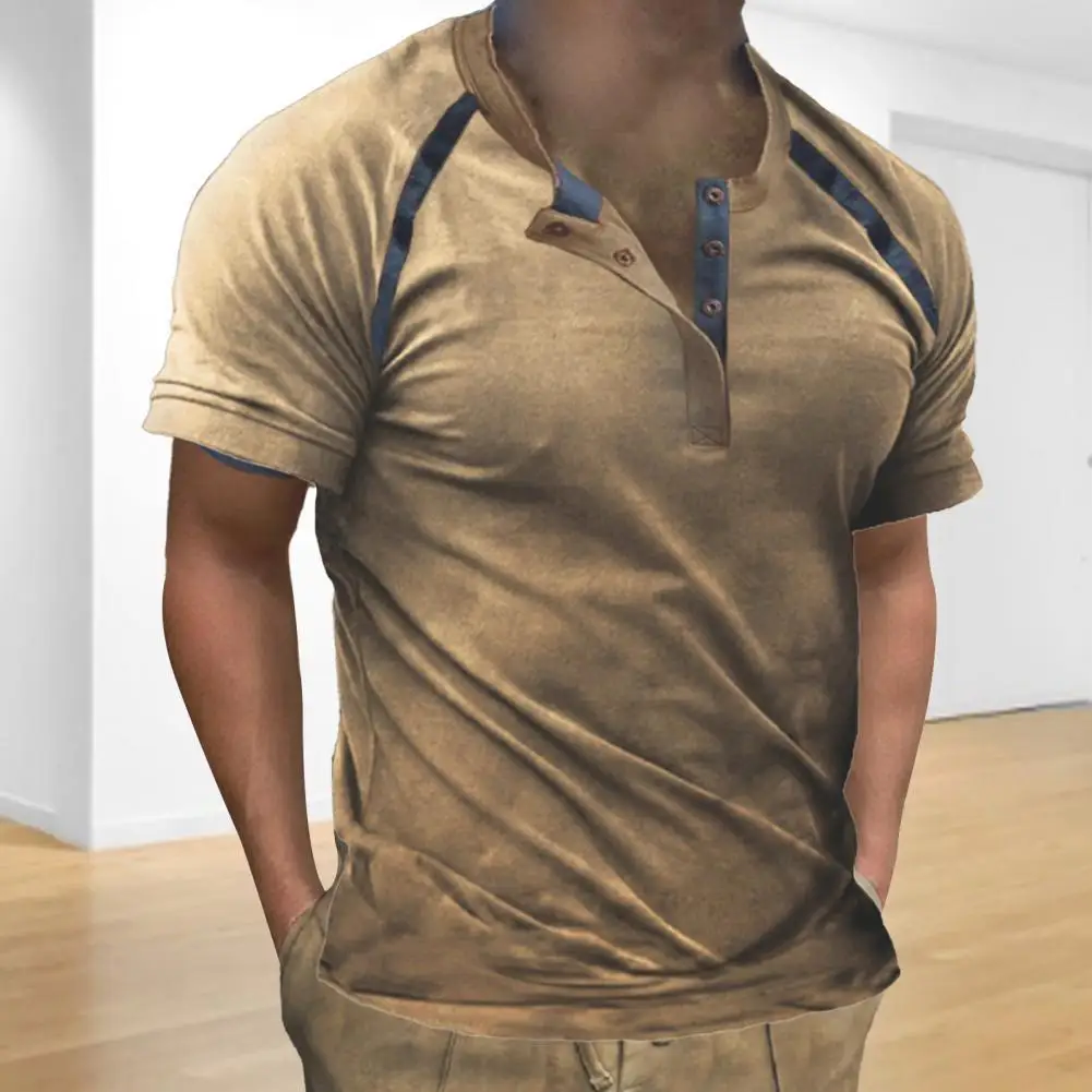 

Футболка мужская с круглым вырезом, Мягкий тканевый пуловер с короткими рукавами, приталенный силуэт, винтажный пуловер на пуговицах, топ, п...