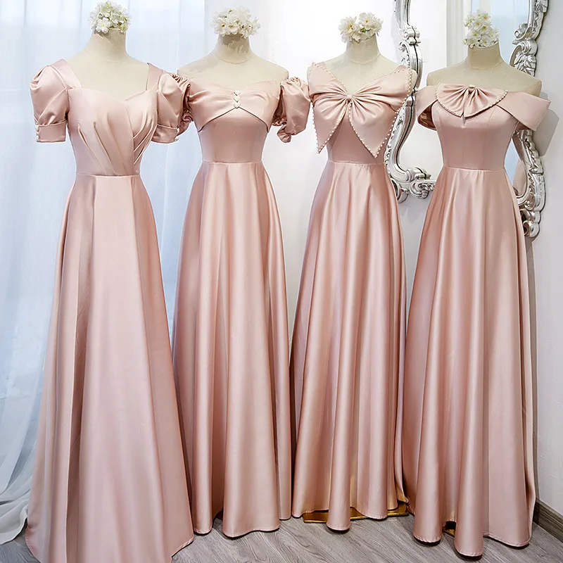 Женское атласное платье подружки невесты розовое длинное для свадьбы выпускного