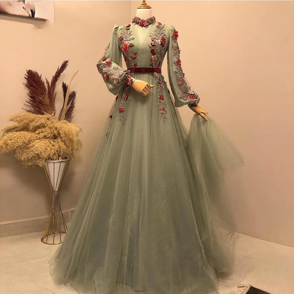 

Марокканские Caftan вечерние платья для женщин, женское платье трапециевидной формы для выпускного вечера из тюля с цветами, Длинные коктейль...