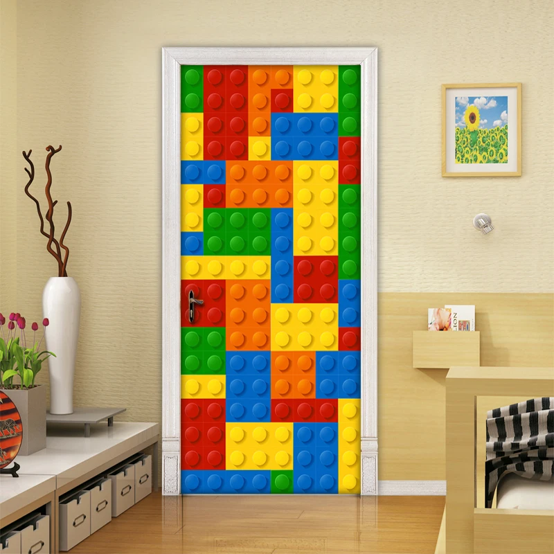 

DIY Self-adhesive Door Sticker Wall Mural Children's Room Wallpaper Colourful Toy Brick Door Bedroom Decoration CreativeStickers