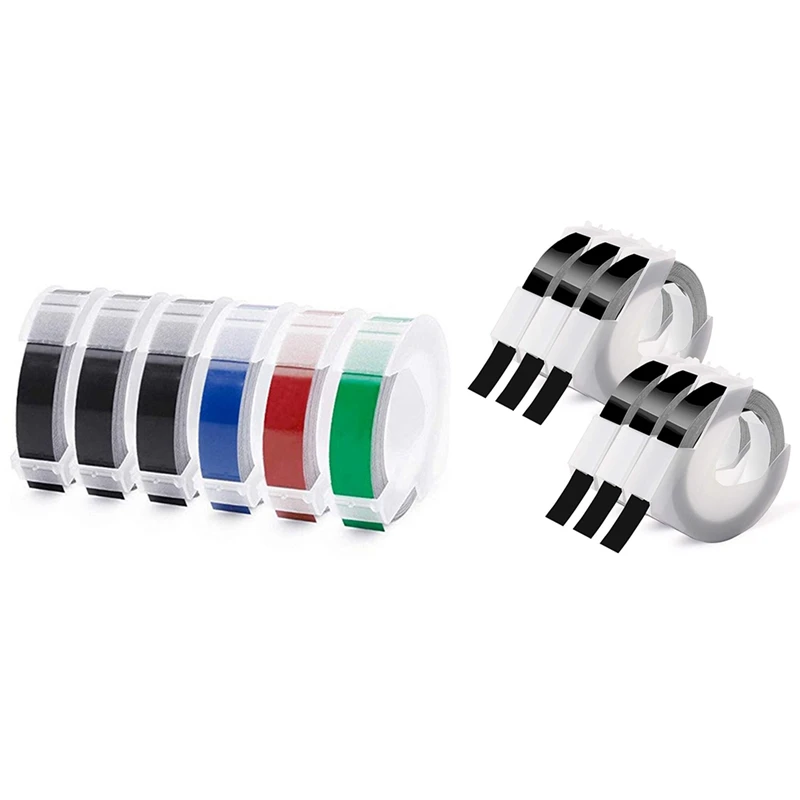 

12 рулонов ленты для тиснения 3D пластик 9 мм X , 6 рулонов белого на черном/синем/красном/зеленом и 6 рулонов белого на черном