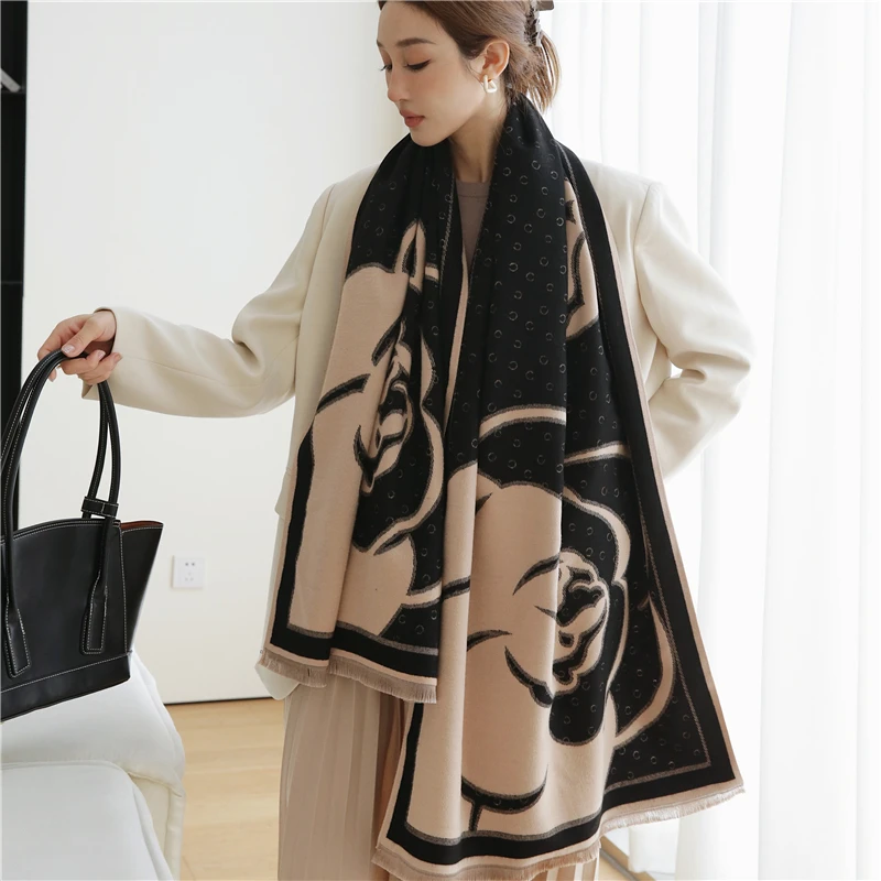 2022 Women Scarf Cashmere Print Leaf Doubel-sided Tassel Thick Warm Blanket Winter Pashmina Soft Shawl Wrap Bufanda Echarpe