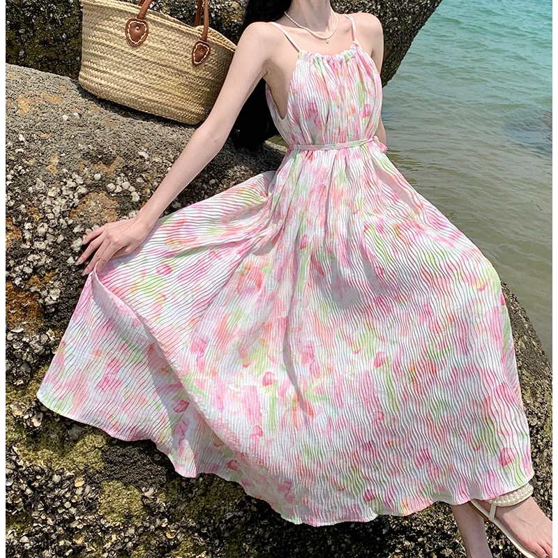 

New Summer Halter Midi Women Dresses 2023 Simple Pink Loose Robe Beach Vacation Long Sweet Gentle Sundress Korean Lolita Style