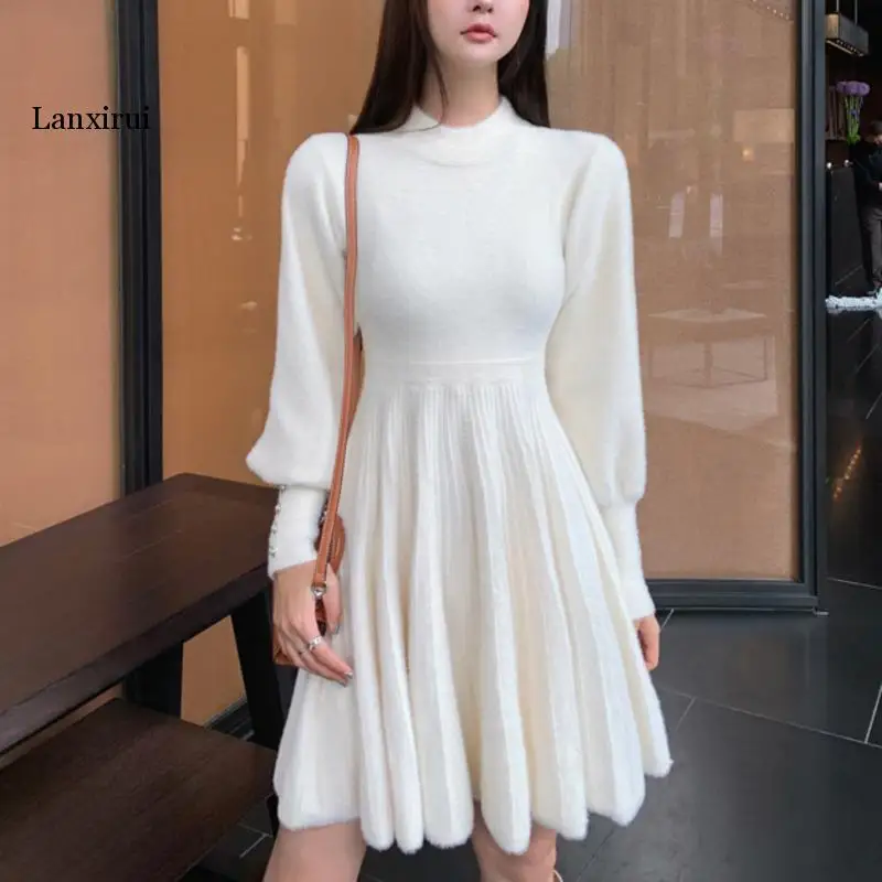

High Quality Autumn Winter Knitted Sweater Dress Women Korean Sweet Long Sleeve Button Casual Pull Mini Dress For Women