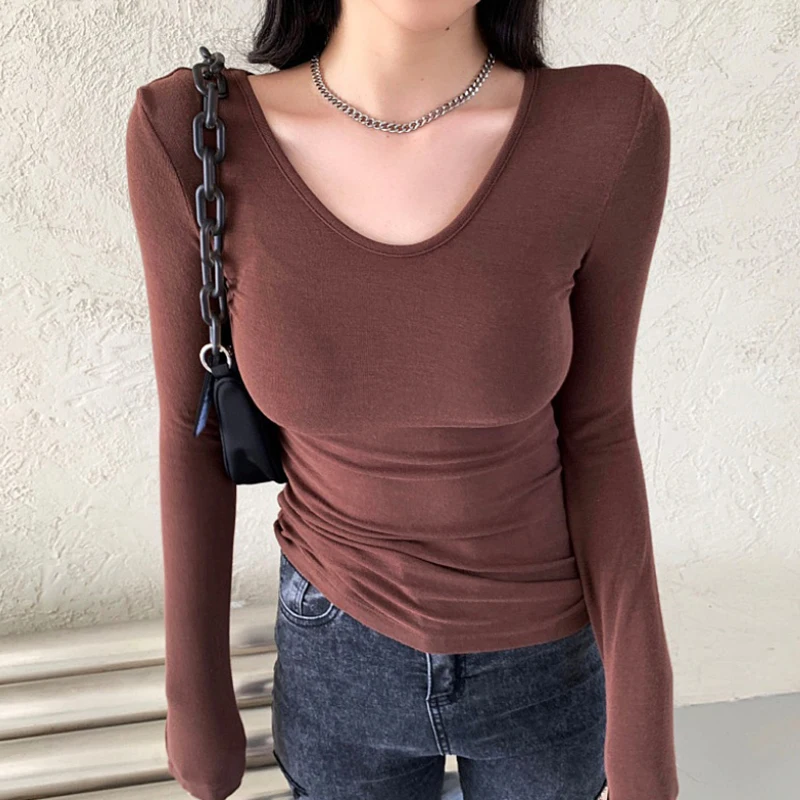 

Long Sleeve Top Women 2022 Autumn Brown Women's Tshirts Slim O Neck Basic T-shirt Korean Fashion Tee Shirt Femme Ladies Clothes
