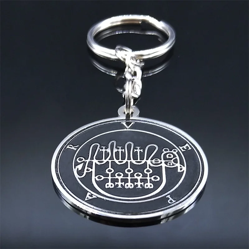 

2022 Stainless Steel Black Sigil Keychain Women Goetia Seal of VEPAR Demon Satan Sigil Satanic Patch Key Chain Jewelry K3682S07