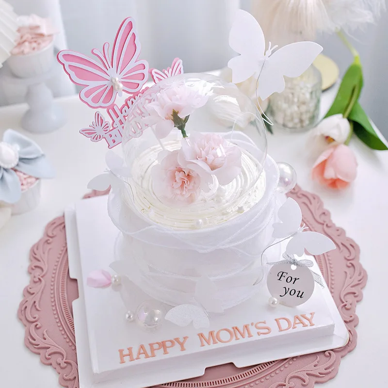 New Paper Pearl Butterfly Happy Birthday Cake Topper Girl Mother's Birthday Cake Decoration Party Supplies Cake Decorating Tools