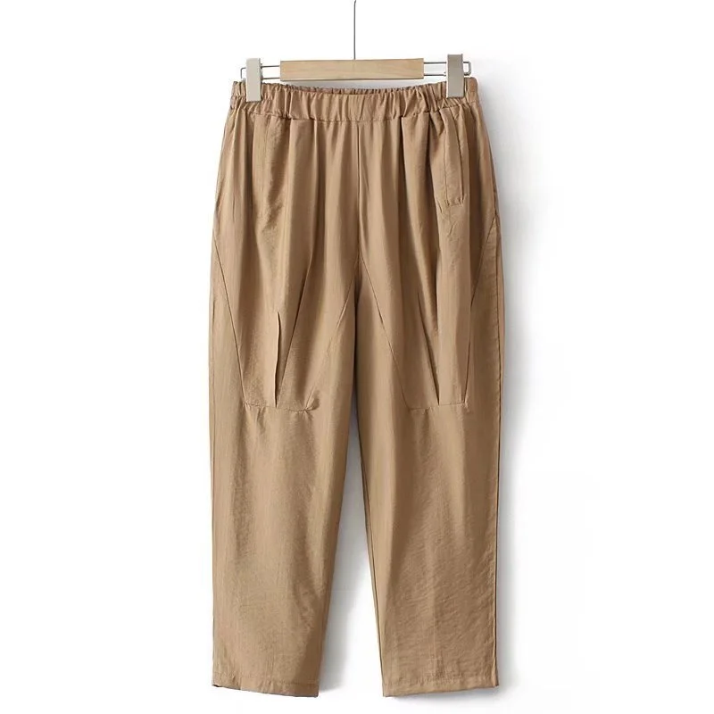 Women's Cotton&Linen 7/10 Pants Elastic Waist Casual Solid Color Slim Summer Pants