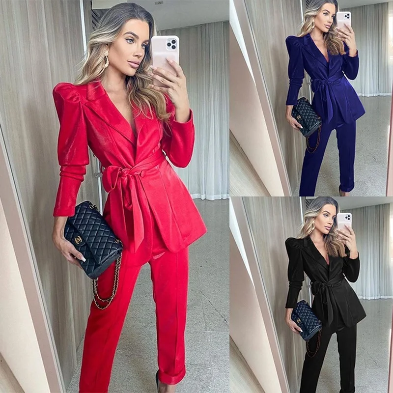 Woman Two Pieces Sets V-Neck Long Sleeve Office Lady Sashes Blazers Shirts Ankle Length Pants Solid Elegant Woman 2 Pieces Sets