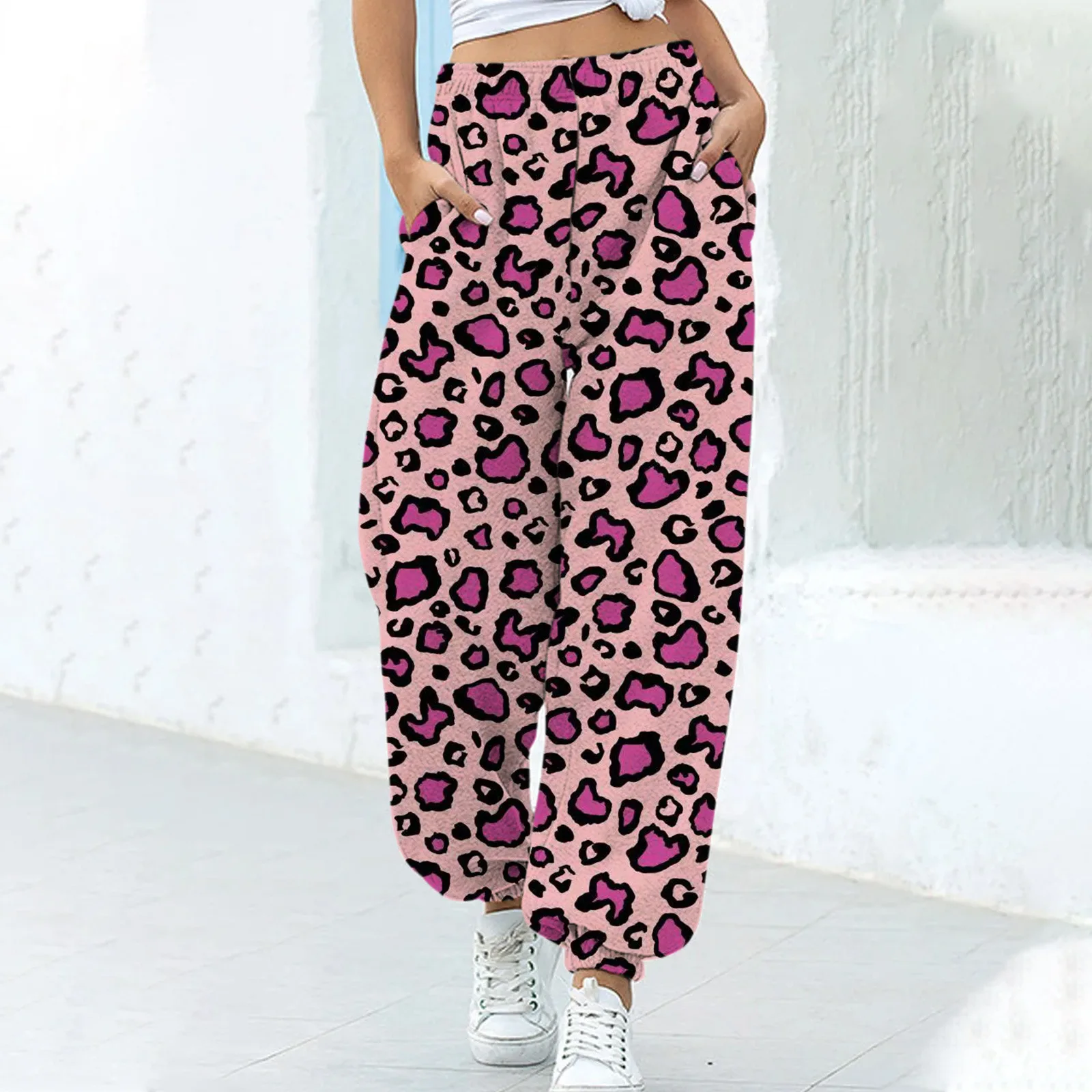 Summer leopard print casual sports women's bunched foot pants fashion loose Haren pants running sports pants women