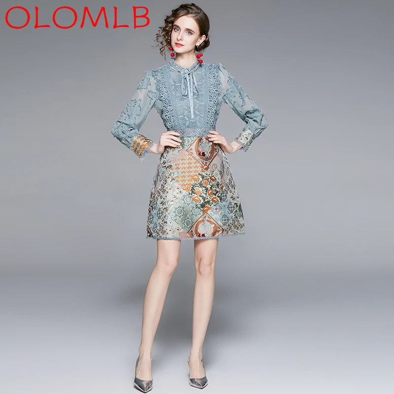 

OLOMLB 2022 New French Retro Stand Collar Long-sleeved Dress Lace-up Stitching Hook Flower Hollow Jacquard Skirt OL Clothing