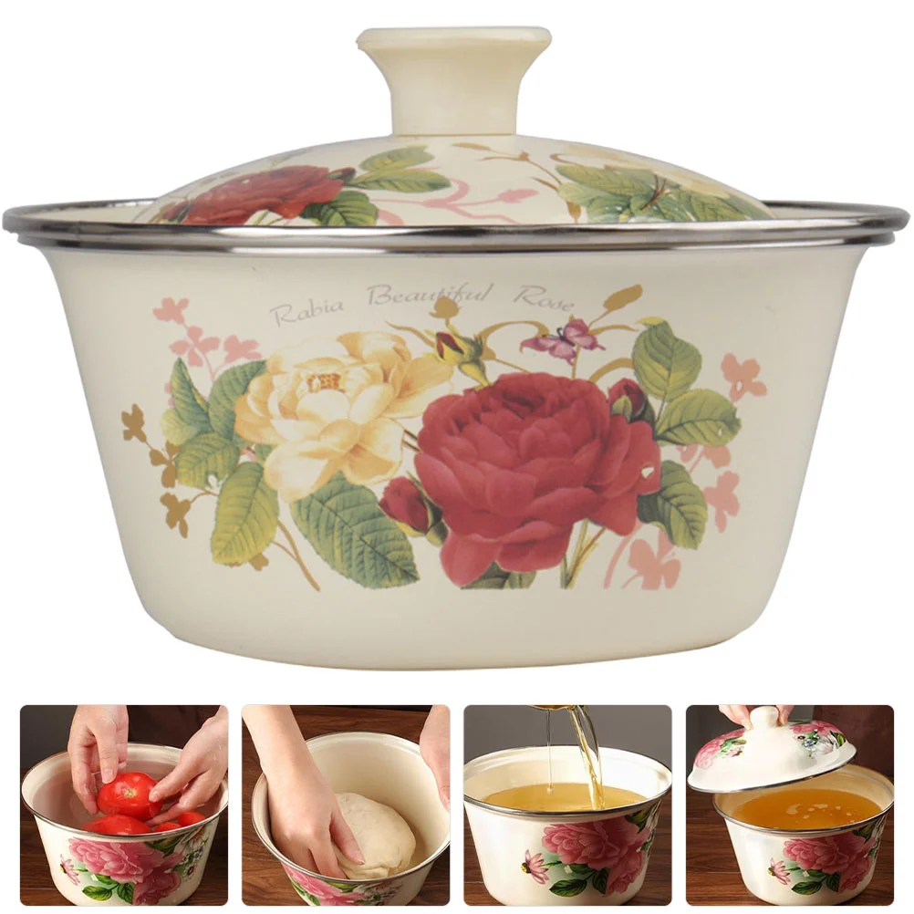 

Retro Enamel Bowl Enamelware Basin with Lids Lard Oil Storage Pot Mixing Bowls