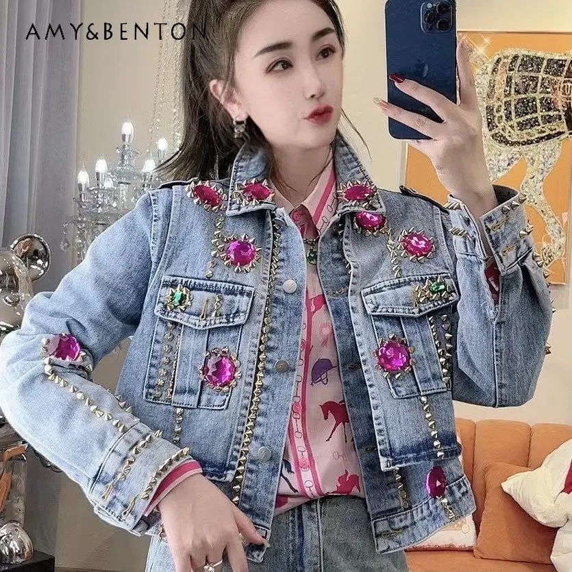 

Denim Jacket Casual Long Puff Sleeve Button Jean Coats Turn-down Collar Rhinestone Beaded Slimming Short Jeans Jacket for Women