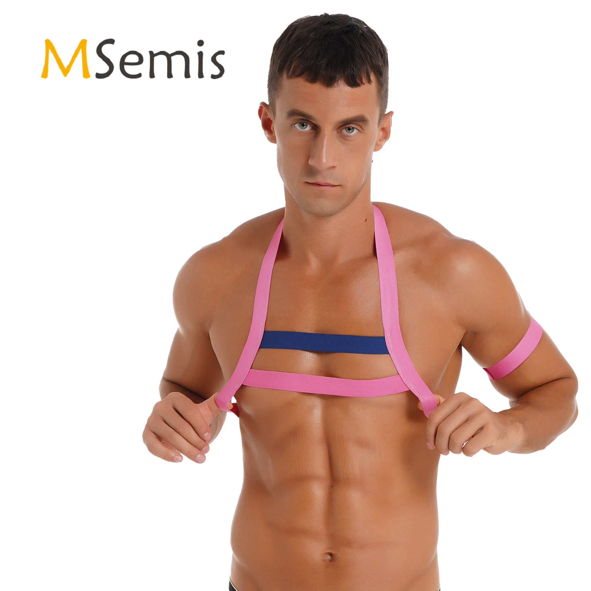 

Harness Mens Contrast Color Chest Harness Belt with Armband Nightclub Stage Performance Stretchy Body Shapes Costume